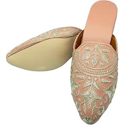 handi kalah Women's Traditional Embroidered Pink Jutti | Golden Leaf Pattern | Slip-On Style | Wedding Footwear-picture-45