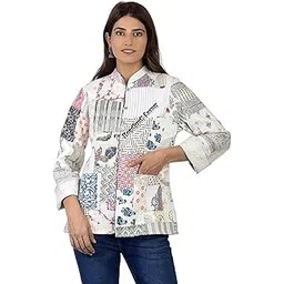 handicraft bazarr Women's Regular Wear Jaipuri Print Blazer Woolen Coat Sweater Cotton Body Quilted Reversible Jackets XL-Size White-picture-20