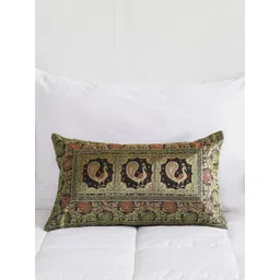 HANDICRAFT PALACE Black & Green Ethnic Motifs Silk Rectangle Cushion Cover-picture-28