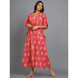 HANDICRAFT PALACE Ethnic Motifs Printed Pure Cotton Maxi Kaftan Nightdress-picture-34