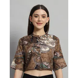 HANDICRAFT PALACE Ethnic Print Mandarin Collar Flared Sleeves Cotton Crop Top-picture-28