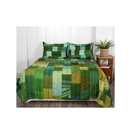 HANDICRAFT PALACE Green Kantha Patchwork Patola Silk Bedding Set-picture-37