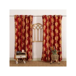 HANDICRAFT PALACE Maroon & Orange Set of 2 Floral Black Out Door Curtain-picture-22