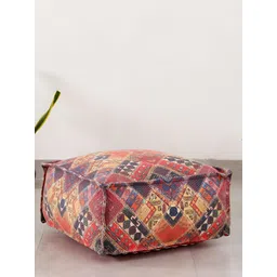 HANDICRAFT PALACE  Red & Beige Geometric Printed Cotton Square Ottoman With Filling-picture-25