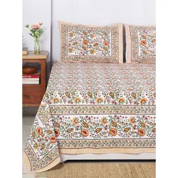 HANDICRAFT PALACE White & Orange Floral 300 TC Queen Bedsheet with 2 Pillow Covers-picture-21