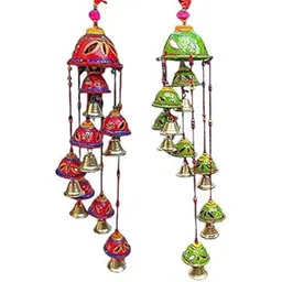 Handicraft rajasthane Wooden Colored Bells Desing Decorative showpice Wind Chimes for Home Balcony Garden Positive Energy, Home Decor Hanging Long Bells 7 Bells(Set of 2 Piece) Pink & Green-picture-11