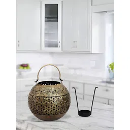 HANDICRAFTS PARADISE Brown & Black Antique Cut Work Tea Light With a Handle Showpiece-picture-35