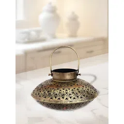 HANDICRAFTS PARADISE Brown Metal Antique Cut Work Oval Tea Light with Handle Showpiece-picture-15