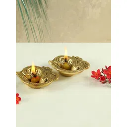 HANDICRAFTS PARADISE Gold Toned 2 Pcs Om Designed Antique Metal Pooja Diyas-picture-34