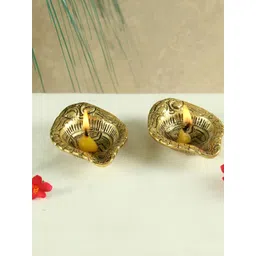 HANDICRAFTS PARADISE Gold Toned 2 Pcs Peacock Engraved Antique Metal Pooja Diyas-picture-21