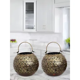 HANDICRAFTS PARADISE Gold Toned 2 Pieces Curio Metal Antique Tea Light Showpiece-picture-41