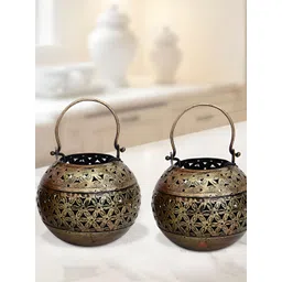 HANDICRAFTS PARADISE Gold Toned and Black Antique Cut Work Tea Light with Handle Showpiece-picture-30