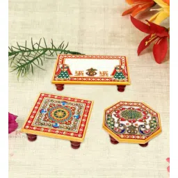 handicrafts paradise Intricate Multicolour Marble (Set of 3) Pooja Chowkie-picture-33