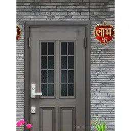 HANDICRAFTS PARADISE Red & Gold Toned 2 Pieces Shubh Labh & Swastik Engraved Wall Decors-picture-29