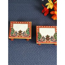 HANDICRAFTS PARADISE White & Green 2 Pieces Kalash-designed Marble Square Pooja Chowki-picture-38