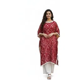 handkari Women’s Faux Georgette Hand Embroidered Chikankari Kaftan | Tepchi Jaal Work | Front & Back Embroidery | White Lace Detailing | 46 Inch Length-picture-42