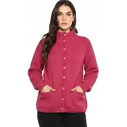 handknit heritage Women's Hand-Knitted Cardigan Sweater, Pink, Full Sleeve with Button Closure, High Neck, Wool, Winter Wear-picture-28