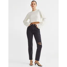 H&M Women Black Vintage Ripped Straight High Jeans-picture-47