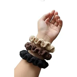 Handmade Crochet Hair Scrunchies, Neutral Colors Pack of 3, Black, Beige, Brown, Knitted Elastic Hair Ties-picture-52