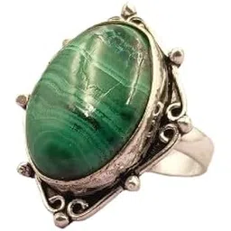 Handmade Oxidised Ring with Natural Malachite Gemstone | Vintage Boho Adjustable Statement Ring for Women & Girls | Antique Green Stone Silver Look Fashion Jewelry-image-45