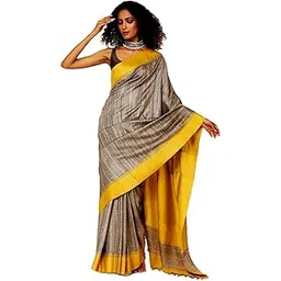 Handwoven Khadi Cotton Saree, Grey with Yellow Border and Pallu, Lightweight-picture-43