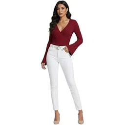 h&y venture Women’s Ribbed Wrap Front Knit Top with Flared Sleeves | Stylish Deep V Neck Slim Fit Stretchable Top for Casual-picture-23
