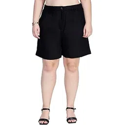 happening Plus Size Women Pure Linen Relaxed Fit Thigh Length Shorts- Length 19 inch- HIGH Rise- Black/Navy Blue Color- Back Elastic on Waist Size (3XL) 38 to (7XL) 46 inch-picture-36