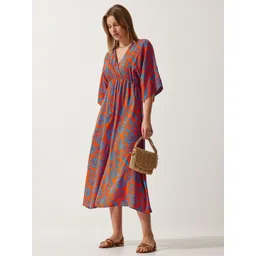 Happiness istanbul Floral Printed V-Neck Flared Sleeve A-Line Midi Dress-picture-37