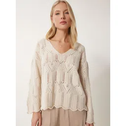 Happiness istanbul Krem Women Self Design Long Sleeves Pullover Sweater-picture-16