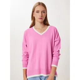 Happiness istanbul Women Colourblocked V-Neck Long Sleeves Pullover Sweaters-picture-18