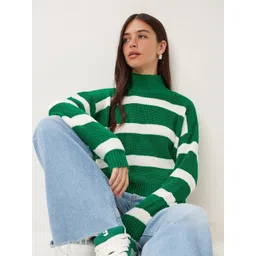 Happiness istanbul Women High Neck Striped Print Long Sleeves Pullover-picture-17