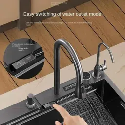 Happy Homes 30x18x9 inch Metal Black Square Double Bowl Waterfall Kitchen Sink with RO Tap image 3