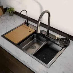 Happy Homes Essential 30x18x9 inch Stainless Steel Black Matt Double Bowl Honeycomb Waterfall Kitchen Sink with RO Tap-picture-10