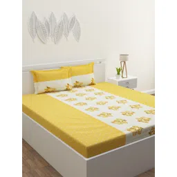 HAPPY HUES Yellow & White Floral 180 TC King Bedsheet with 2 Pillow Covers image 1
