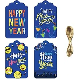 Happy New Year Gift Tags – Pack of 40 | 4 Unique Colorful Designs | Fun & Cool New Year Tags with Jute String | Party Favour, Gift Wrapping, Return Gifts, Decorations-picture-22