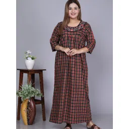 HARGUN NIGHT WEAR Checked Maxi Nightdress with Embroidered Neck-picture-29