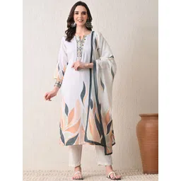 HARIKS Women Floral Printed Linen Kurta with Trousers & Dupatta-picture-25