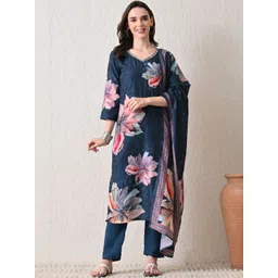 HARIKS Women Floral Printed Regular Pure Silk Kurta With Trousers & Dupatta-picture-23