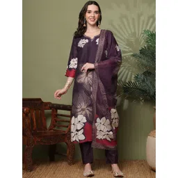 HARIKS Women Floral Printed Regular Thread Work Kurta with Trousers & With Dupatta-picture-17