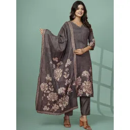 HARIKS Women Floral Printed Regular Thread Work Pure Cotton Kurta with Trousers & With Dupatta-picture-16