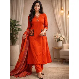 HARIYALI Women Ethnic Motifs Regular Thread Work Pure Cotton Kurta with Trousers & With Dupatta-picture-26