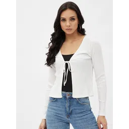 Harpa Women White Striped Tie-Up Shrug-picture-11