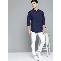 Harvard Men Navy Blue & Red Pure Cotton Regular Fit Striped Sustainable Casual Shirt-picture-22