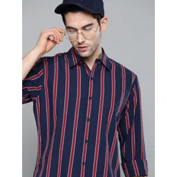 Harvard Men Navy Blue & Red Regular Fit Pure Cotton Striped Sustainable Casual Shirt-picture-21