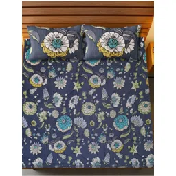 HARYANA HOOPS Navy Blue & Yellow Printed 220 TC Cotton Queen Bedsheet Set 2.25 m x 2.50 m-picture-31