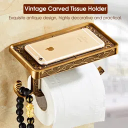 hasthip HASTHIP® Toilet Paper Roll Holder with Phone Shelf, Anti-Rust Aluminum Antique 3D Carving Wall-Mounted Toilet Paper Holder for Bathroom Washroom Hotel (7.29 * 3.94 * 3.75inch) image 3