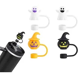 HASTHIP® 4Pcs Halloween-Themed Silicone Straw Caps Halloween Cute Pumpkin Ghost Design, 10mm Dia Straw Caps, Protective Dustproof Straw Tip Covers for Reuseable Straws-picture-10