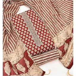 hastkala Women's Cotton handblock Printed Neck Tai Kurta with Bottom and Cotton Embroidery Dupatta (Brown)-picture-20