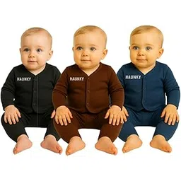 haunky Newborn Baby Winter Wear Woolen Thermal Set Infant Button Garam Suit Thermal Top and Pyjama Set(Set of 3).-picture-4