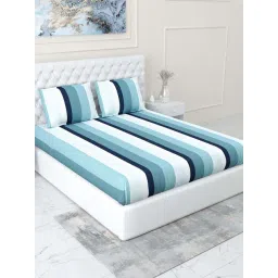 Haus & Kinder Coastal Stripes Navy Blue 186 TC Cotton Double Fitted Bedsheet With 2 Pillow Covers-picture-18